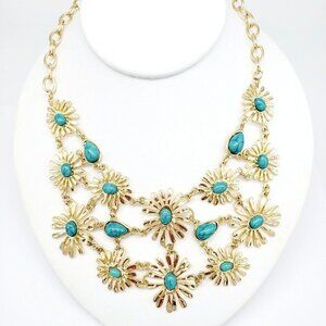 Versona Faux Turquoise 19" Bib Flower Necklace Gold Tone Feminine Modern NEW